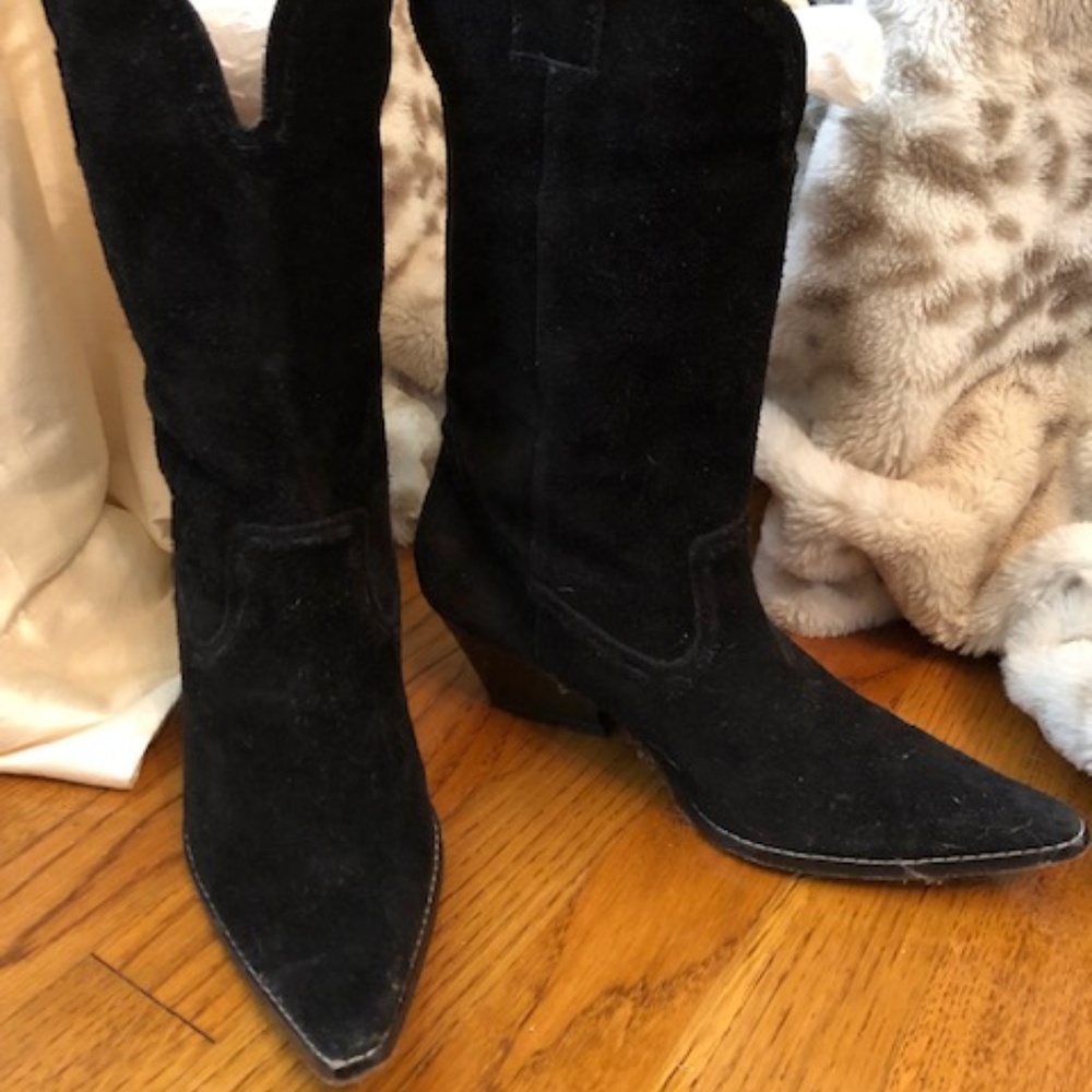 Black Suede Genuine Leather Western Boots